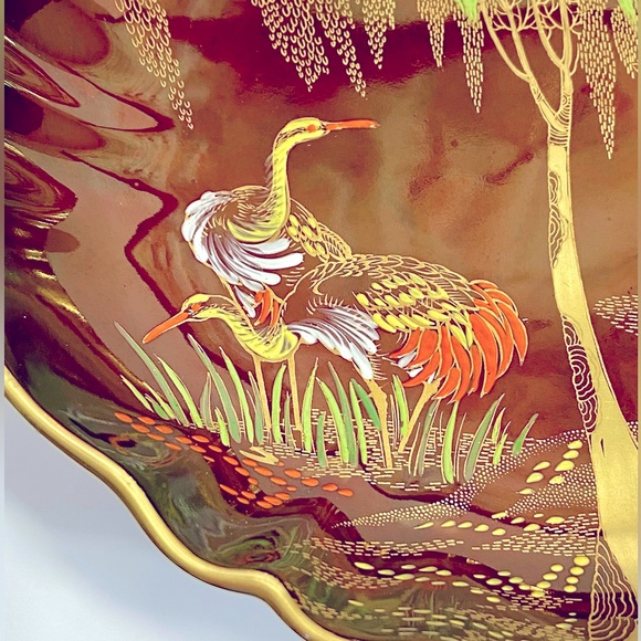 Carlton Ware Rouge Royale Hand Painted Crane/Willow Tree Scene Red Pedestal Dish - Picture 10 of 13